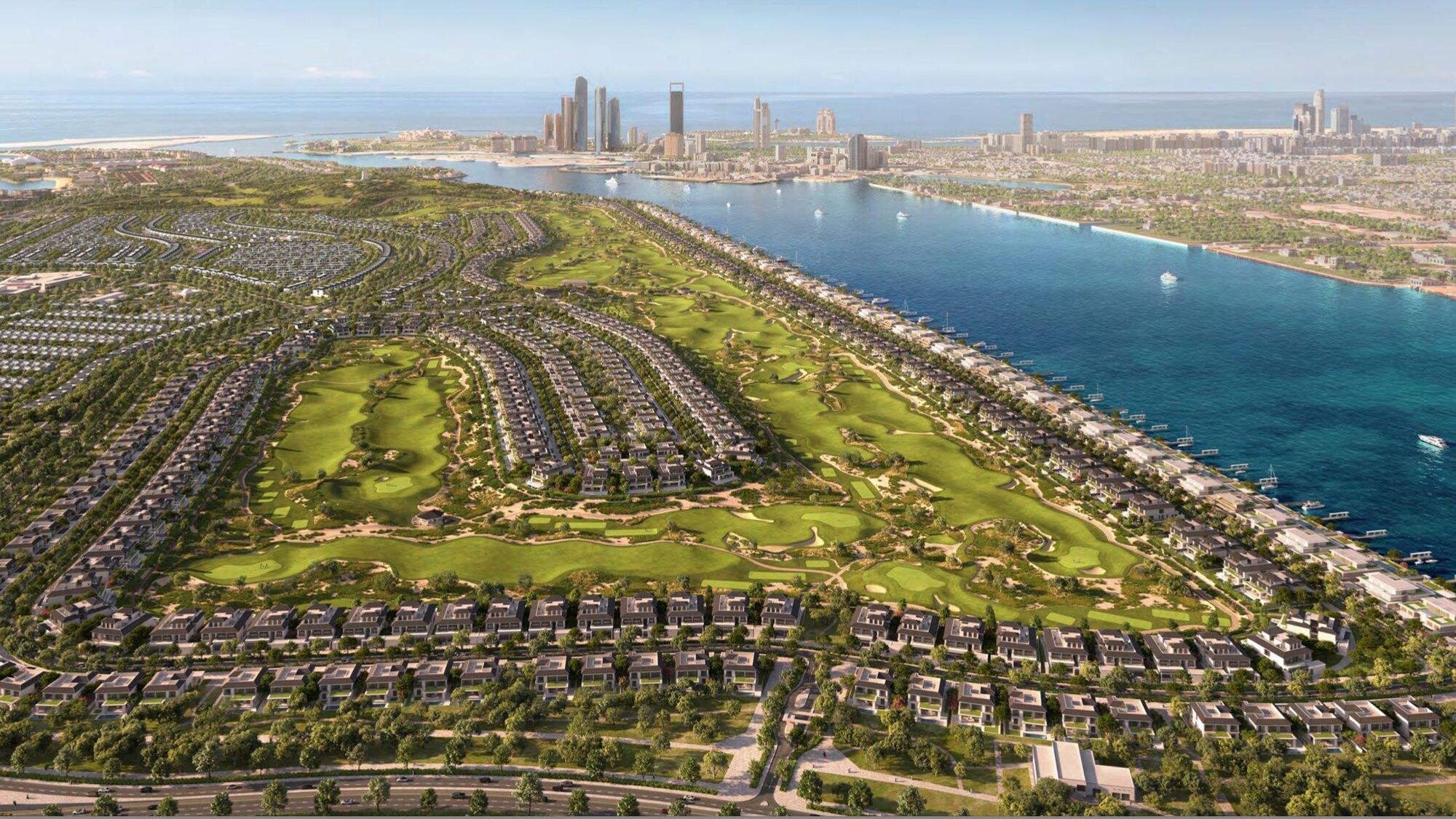 Aerial render of Hudayriyat Golf Estates: fairways running along the water channel, villas on both sides, Abu Dhabi's towers beyond.